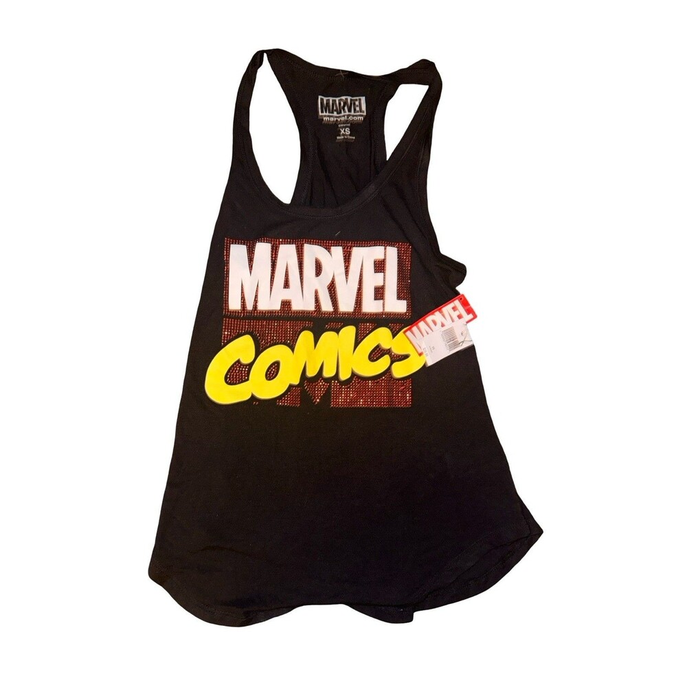 Marvel Comics Logo Racerback Tank Top Women’s XS Black Graphic Shirt Superhero